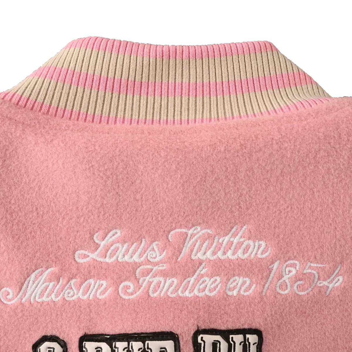 Louis Vuitton Monogram-Lined Varsity Jacket with Statement Back Lettering | Designer Baseball Streetwear Style