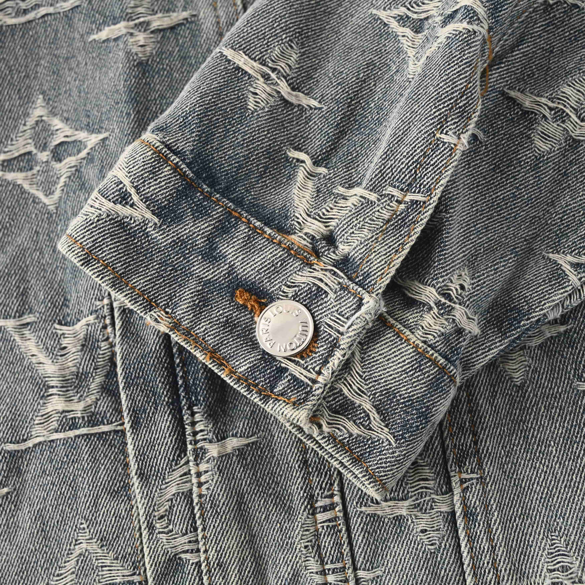 Louis Vuitton Washed Grey Monogram Jacquard Denim Jacket, Unisex Vintage-Look Button-Up Trucker with All-Over Logo Texture and Chest Flap Pockets