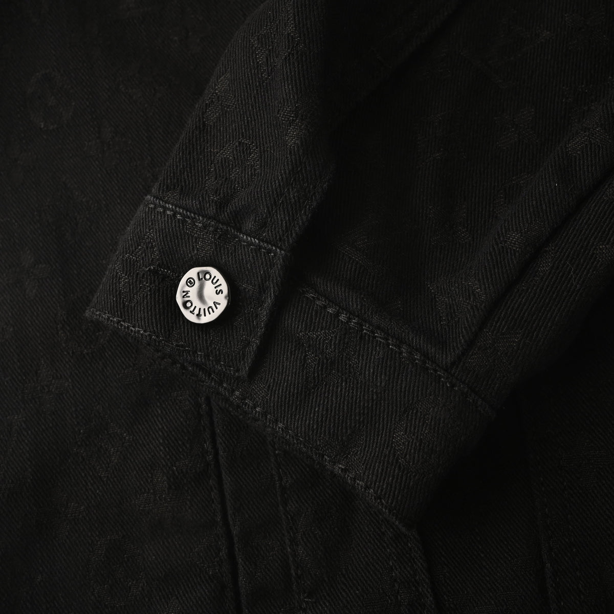 Louis Vuitton Black Tonal Monogram Denim Shacket, Unisex Button-Up Jean Jacket with Slub Jacquard Texture, Point Collar and Twin Chest Pockets