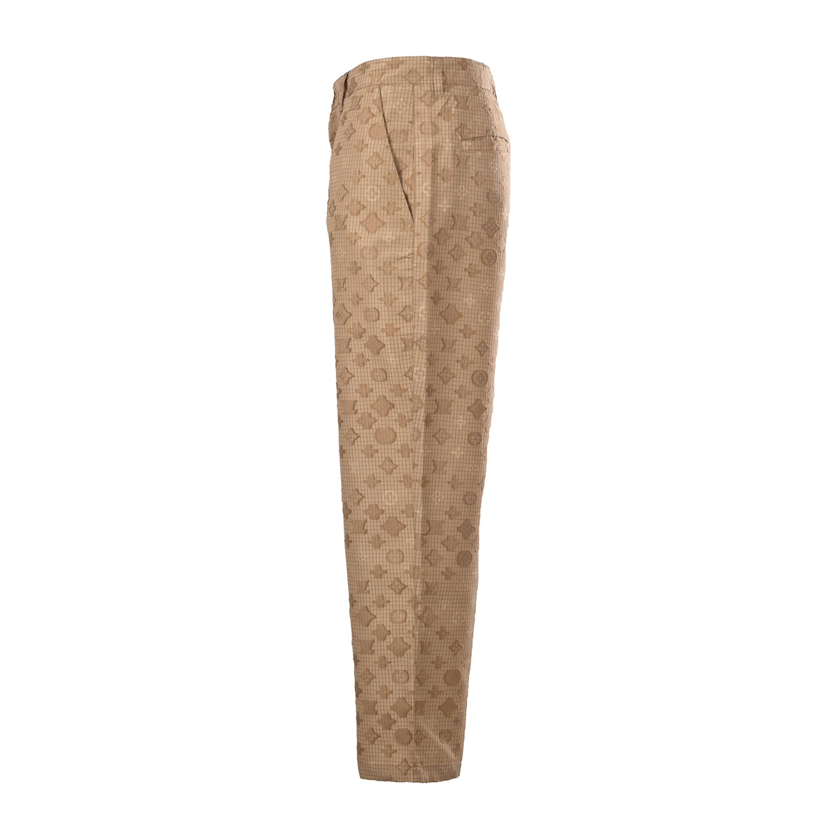 Louis Vuitton Tan Monogram Jacquard Straight-Leg Trousers, Cotton-Nylon Textured Check Pants with Tailored Waistband and All-Over Tonal Pattern