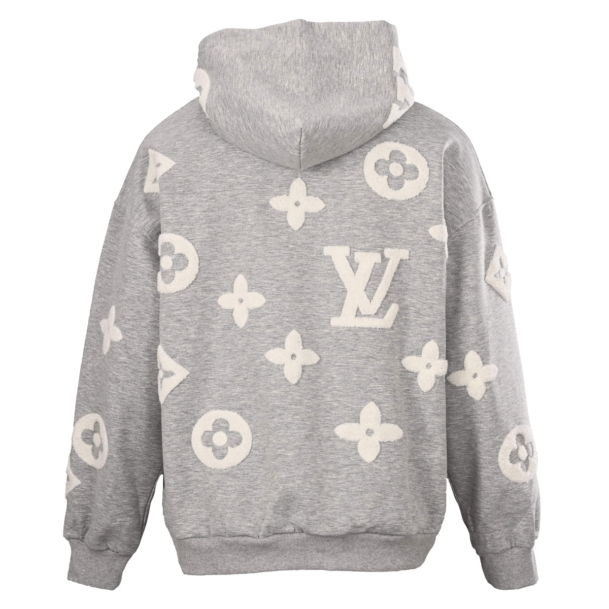 Louis Vuitton Heather Grey Zip-Up Hoodie with Cream Monogram Terry Embroidery, Heavyweight Relaxed-Fit Hooded Jacket for Designer Casual Style