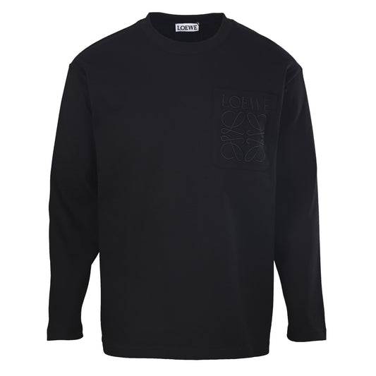 LOEWE Black Tonal Anagram Embroidered Long-Sleeve T-Shirt, Unisex Crewneck Tee with Subtle Chest Logo for Minimalist Casual Layering