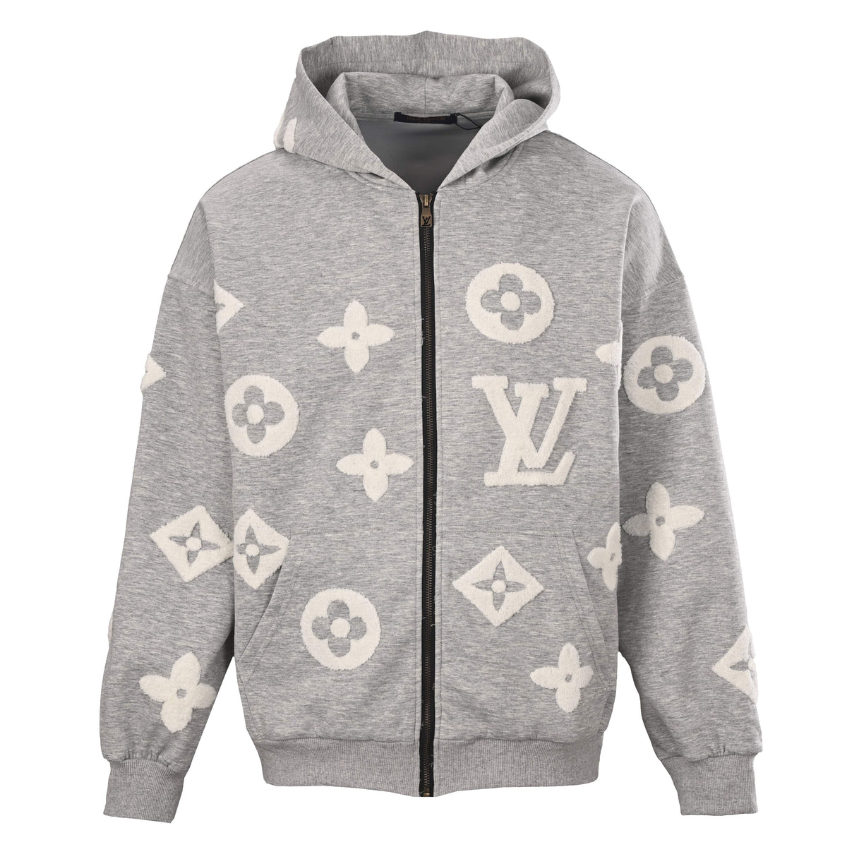 Louis Vuitton Heather Grey Zip-Up Hoodie with Cream Monogram Terry Embroidery, Heavyweight Relaxed-Fit Hooded Jacket for Designer Casual Style