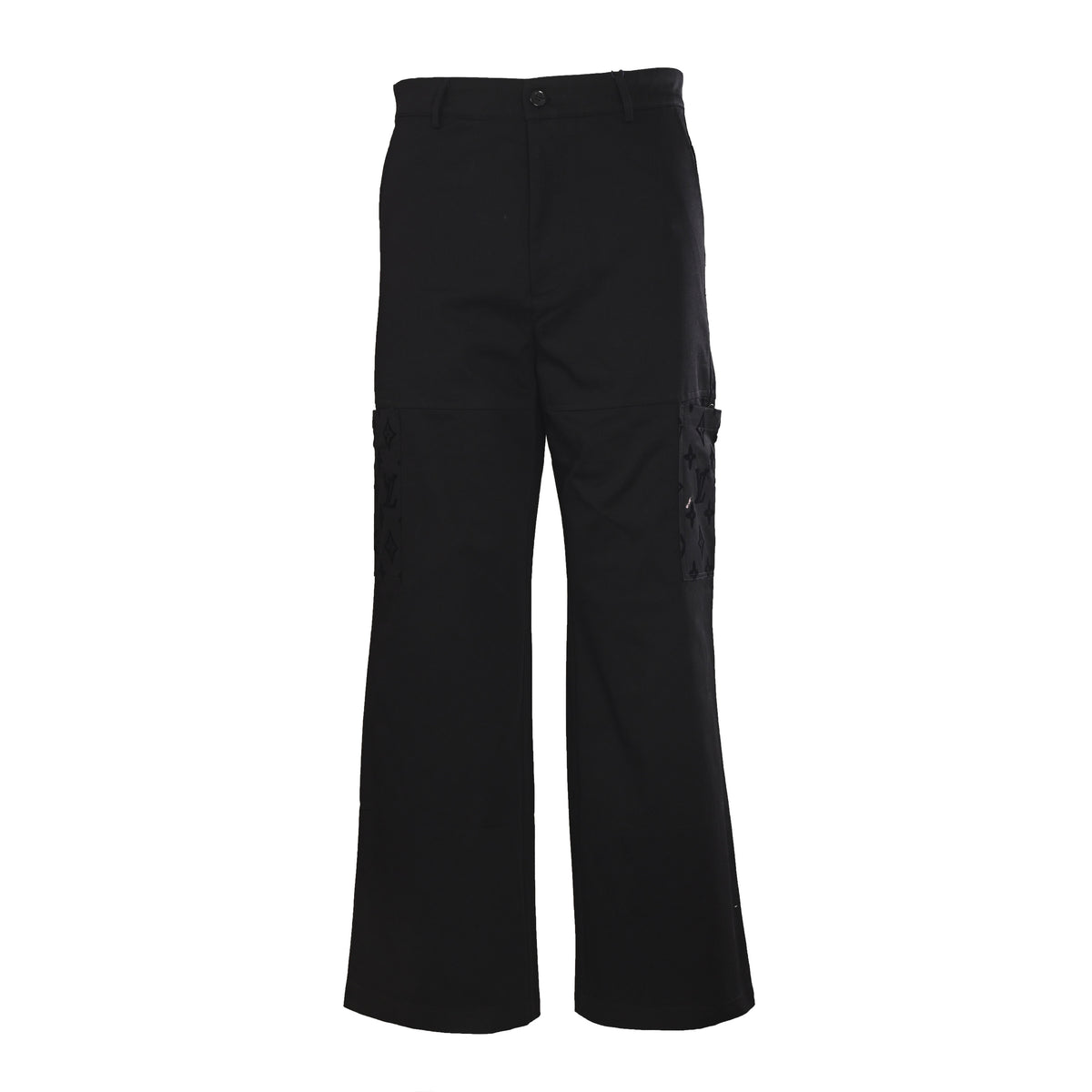 Louis Vuitton Black Flocked Monogram Jeans - Patchwork Distressed Denim Pants with Engraved Stud Streetwear Accents
