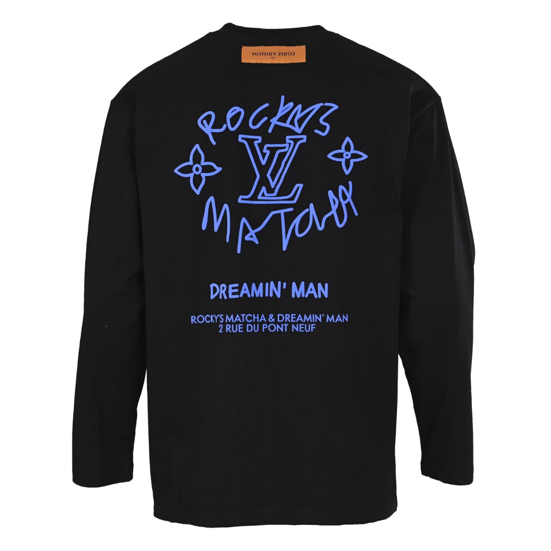 Louis Vuitton Black Dreamin' Man Graffiti Long-Sleeve T-Shirt, Unisex Heavyweight Cotton Crewneck with Blue-Violet Back Logo and Slogan Print