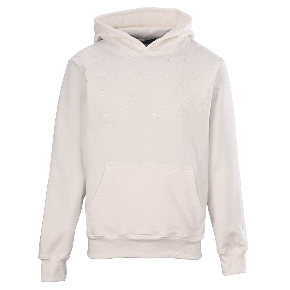 Louis Vuitton Ivory Tonal Monogram Pullover Hoodie, Embroidered Hooded Sweatshirt with Wave Chest Detail, Kangaroo Pocket and Ribbed Trim