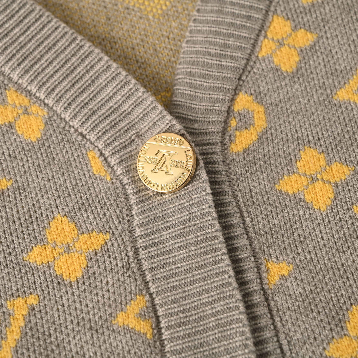 Louis Vuitton Heather Grey and Yellow Monogram Jacquard Cardigan, Relaxed V-Neck Button-Up Knit Sweater with Engraved Metal Buttons and Ribbed Trims