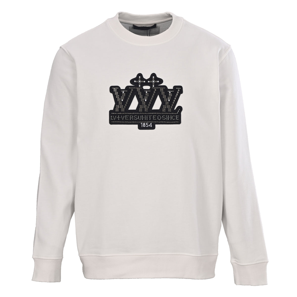 Louis Vuitton White Beaded Emblem Sweatshirt, Unisex Relaxed Cotton French Terry Crewneck with Contrasting Black Chest Design and Embroidered Details