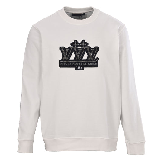 Louis Vuitton White Beaded Emblem Sweatshirt, Unisex Relaxed Cotton French Terry Crewneck with Contrasting Black Chest Design and Embroidered Details