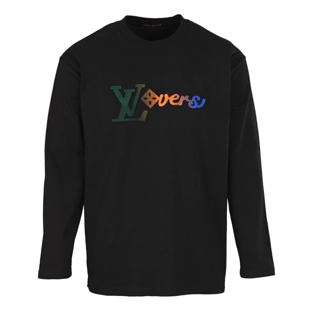 Louis Vuitton Black Lovers Embroidered Long-Sleeve T-Shirt, Unisex Cotton Crewneck with Multicolor Gradient Raised Logo and Back Neck Label