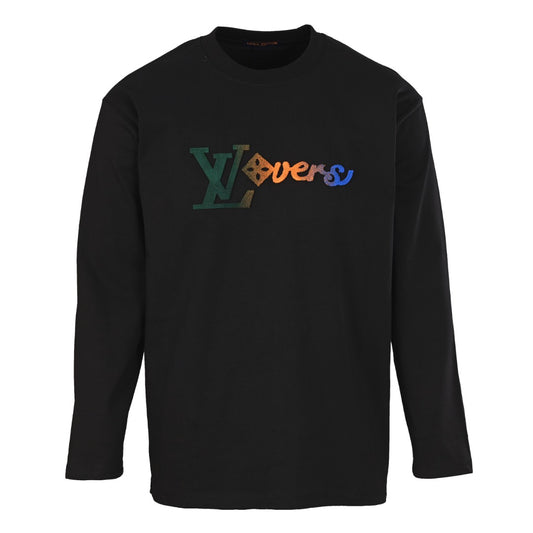 Louis Vuitton Black Lovers Embroidered Long-Sleeve T-Shirt, Unisex Cotton Crewneck with Multicolor Gradient Raised Logo and Back Neck Label