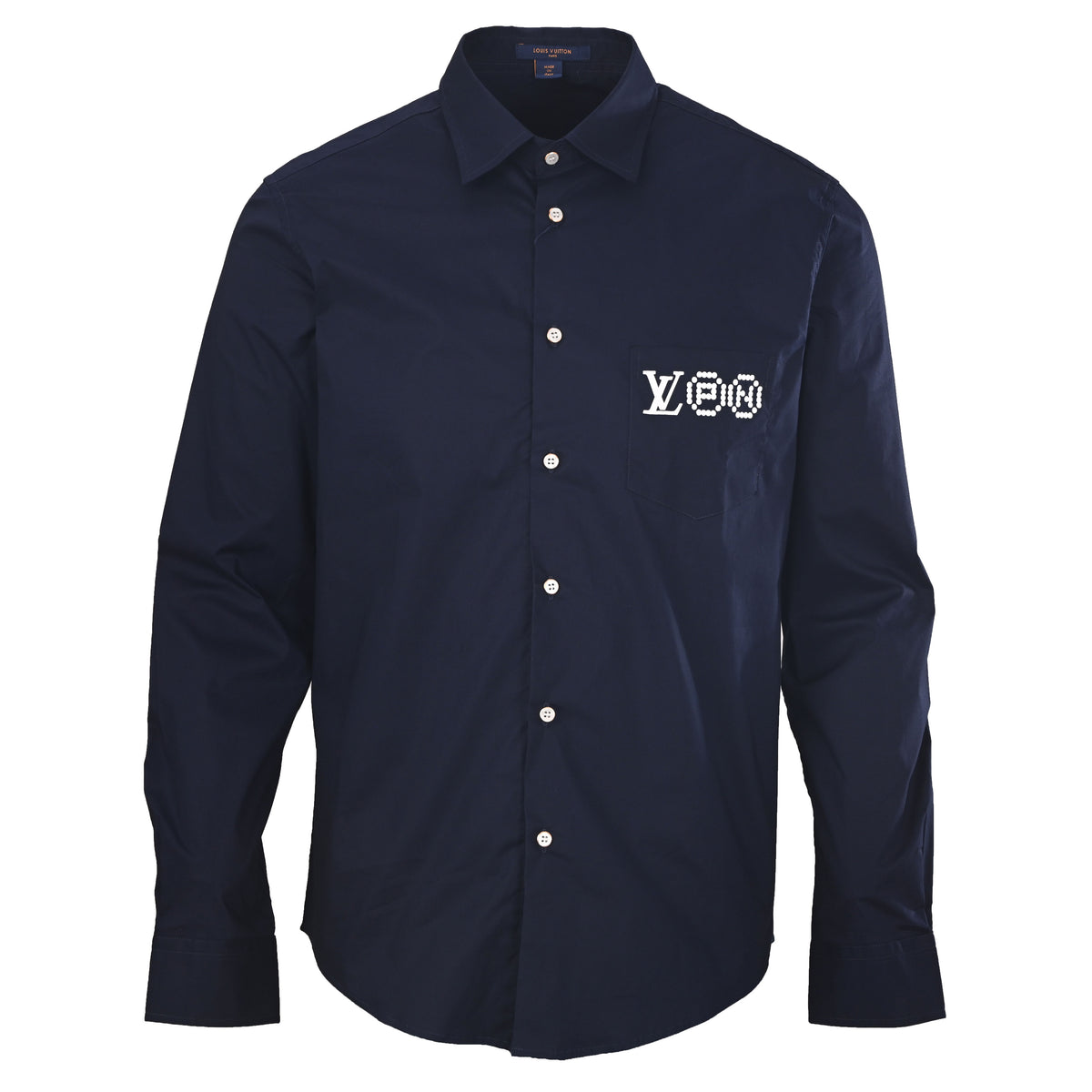 Louis Vuitton Nigo Navy Portrait Graphic Shirt, Unisex Long-Sleeve Rayon Poplin Button-Up with Embroidered Chest Logo and Contrast Back Print
