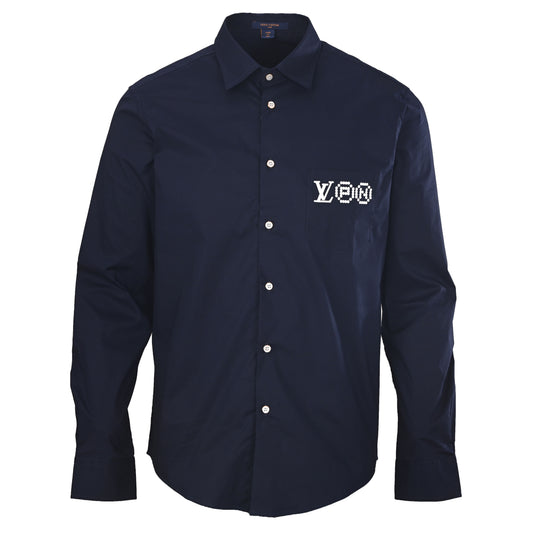 Louis Vuitton Nigo Navy Portrait Graphic Shirt, Unisex Long-Sleeve Rayon Poplin Button-Up with Embroidered Chest Logo and Contrast Back Print