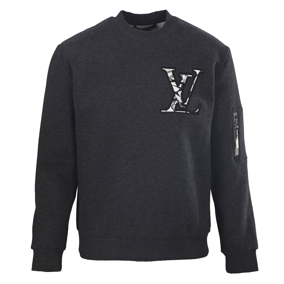 Louis Vuitton Charcoal Cotton Fleece Crewneck Sweatshirt with Embroidered Chest Logo, Zip Sleeve Pocket and Contrast Monogram Flower Back Detail