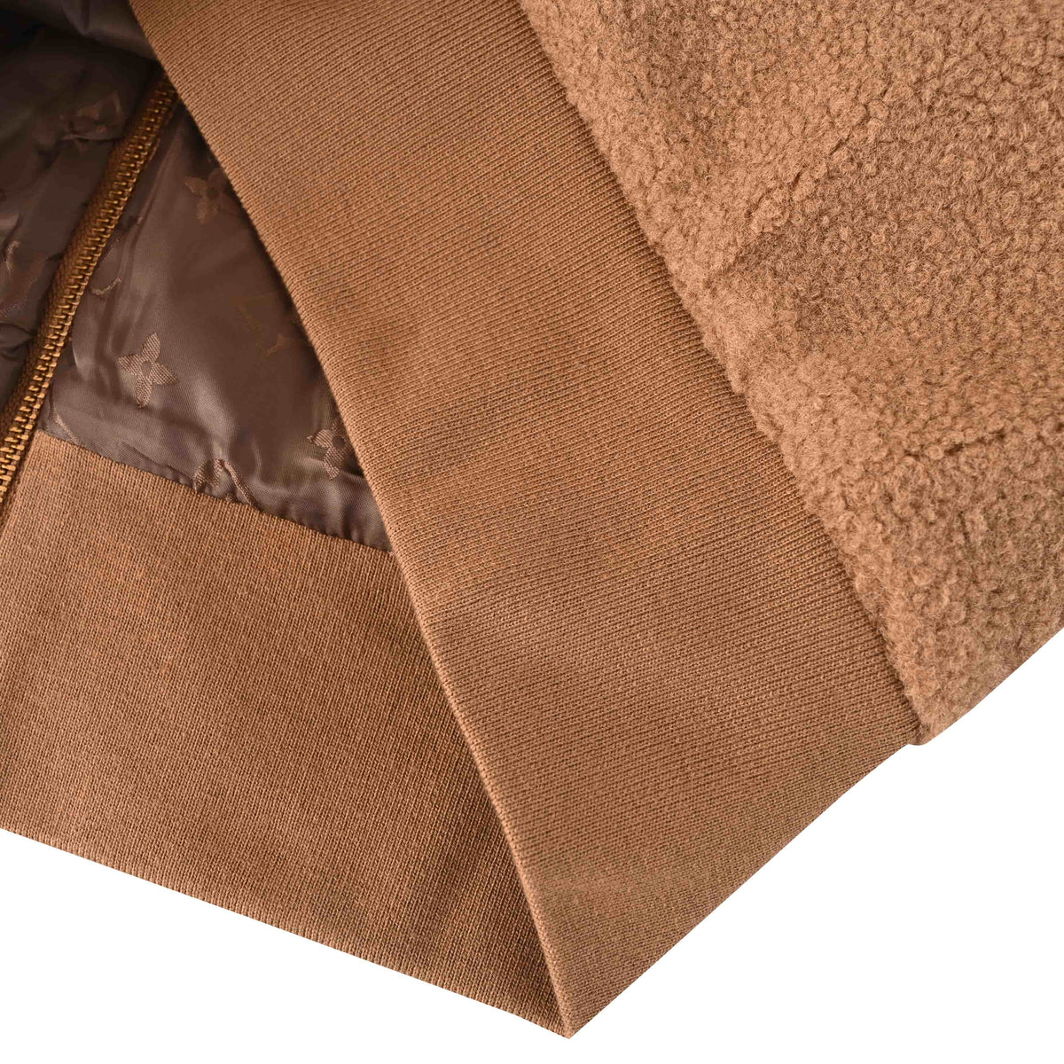 Louis Vuitton Camel Brown Teddy Fleece Jacket with Monogram Jacquard Trim, Full-Zip Stand Collar and Leather Logo Chest Patch