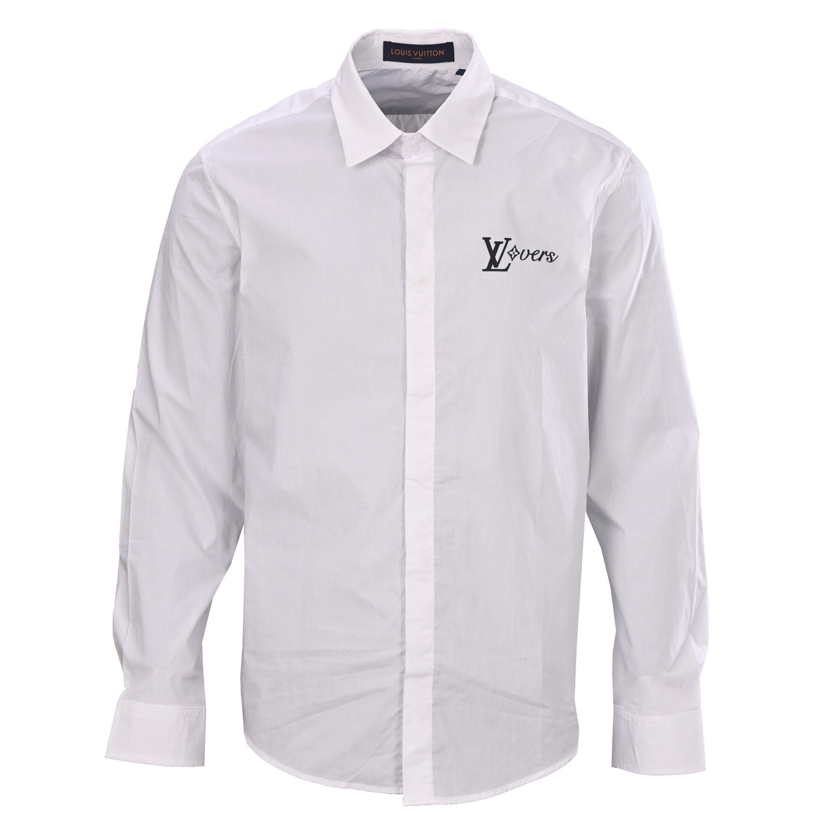 Louis Vuitton White Lovers Logo Shirt in Smooth Rayon Poplin, Unisex Long-Sleeve Button-Up with Concealed Placket and Point Collar