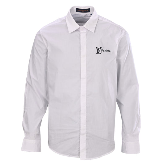 Louis Vuitton White Lovers Logo Shirt in Smooth Rayon Poplin, Unisex Long-Sleeve Button-Up with Concealed Placket and Point Collar