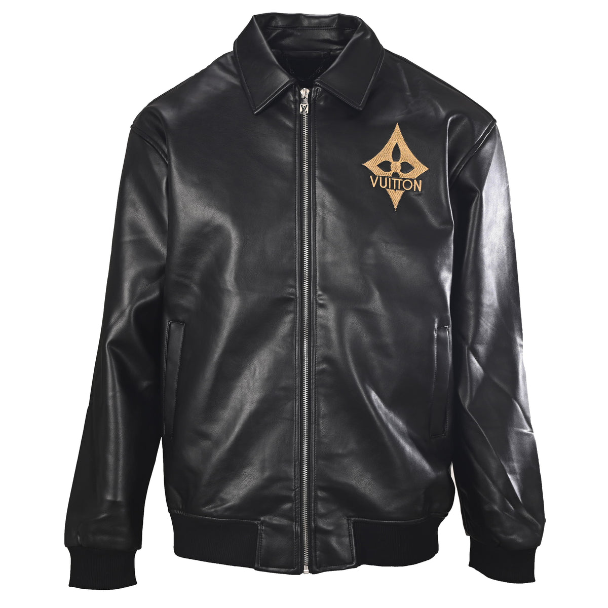 Louis Vuitton Black & Gold Embroidered Collared Leather Jacket | Statement Luxury Outerwear & Designer Streetwear