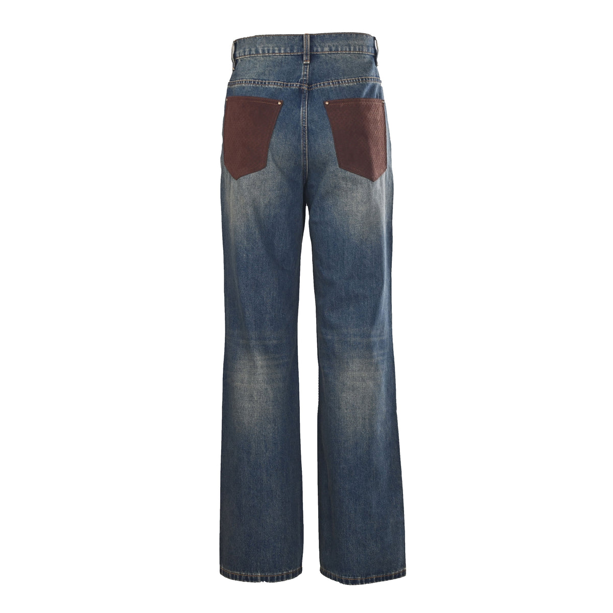 Louis Vuitton Washed Blue Straight-Leg Jeans with Brown Leather Back Pockets, Vintage-Inspired Designer Denim