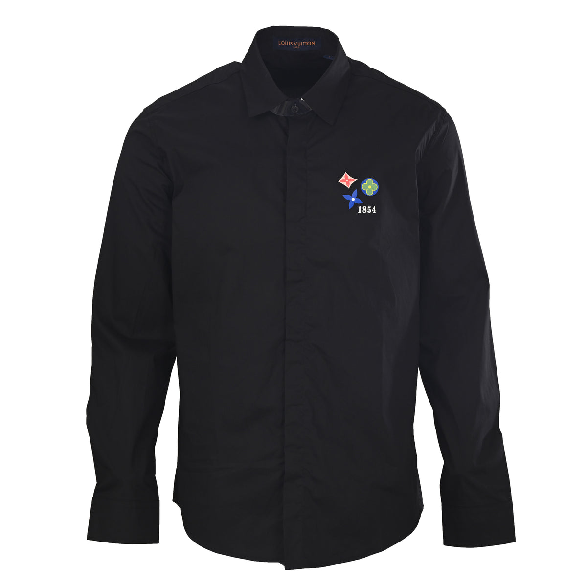 Louis Vuitton Black Monogram Flower Print Shirt, Unisex Long-Sleeve Rayon Poplin Button-Up with Multicolor Chest Motif and Concealed Placket