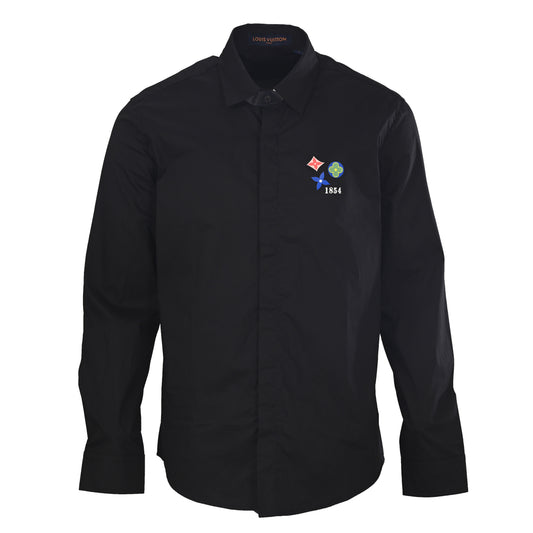 Louis Vuitton Black Monogram Flower Print Shirt, Unisex Long-Sleeve Rayon Poplin Button-Up with Multicolor Chest Motif and Concealed Placket