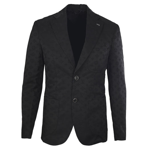 Louis Vuitton Black Monogram Jacquard Wool Blazer, Fitted Two-Button Suit Jacket with Notch Lapels and Tonal All-Over Woven Detail