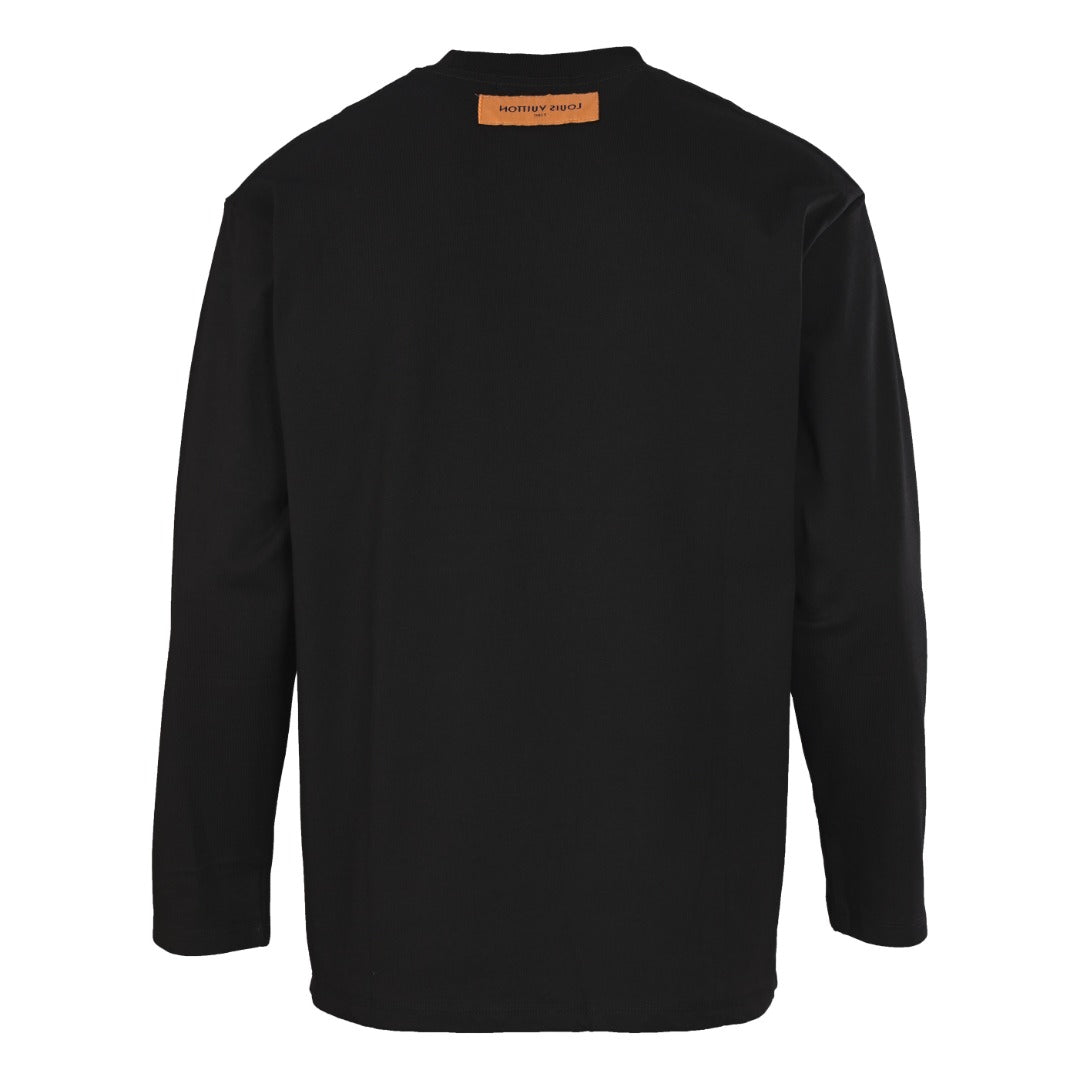 Louis Vuitton Black Multicolor Monogram Embroidered Long-Sleeve T-Shirt, Unisex Cotton Crewneck with Pastel Chest Motifs and Wave Detailing