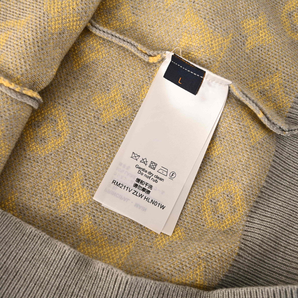 Louis Vuitton Heather Grey and Yellow Monogram Jacquard Cardigan, Relaxed V-Neck Button-Up Knit Sweater with Engraved Metal Buttons and Ribbed Trims