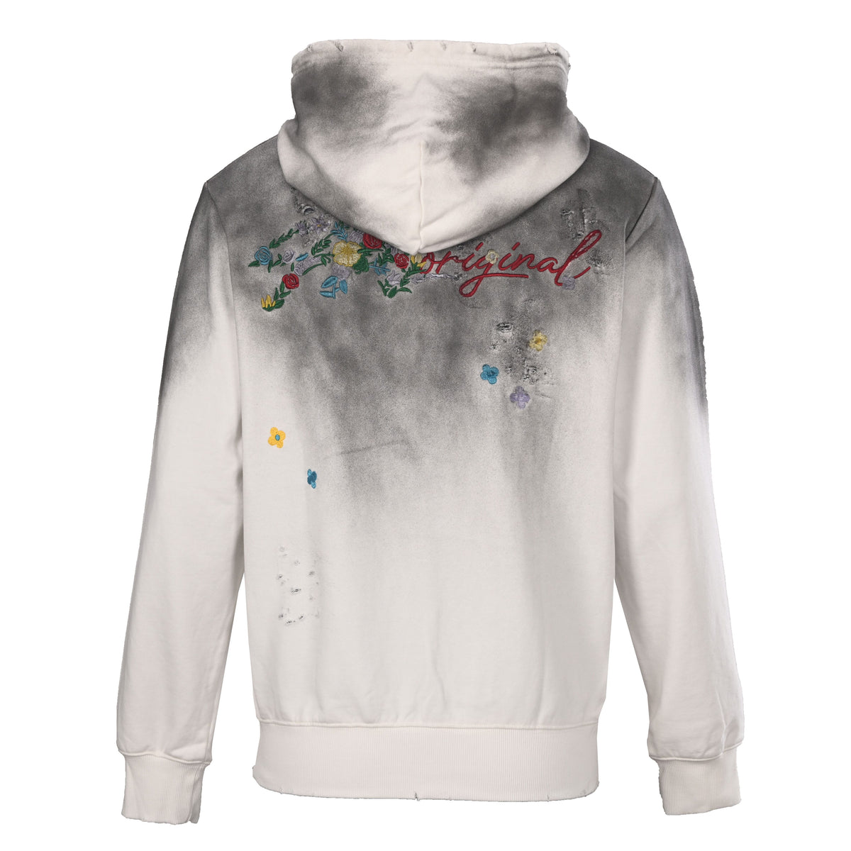 Louis Vuitton Ivory Smoky-Wash Floral Hoodie, Heavyweight Cotton Pullover with Colorful Back Embroidery, Red Script Lettering and Distressed Details