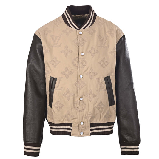 Louis Vuitton Large Monogram Flower Embroidered Varsity Jacket with Leather Sleeves | Designer Baseball Streetwear