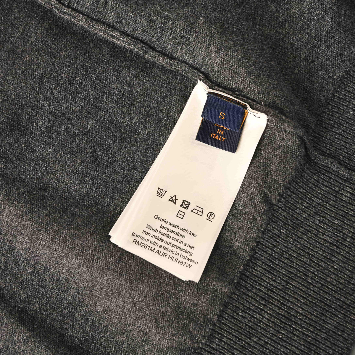 Louis Vuitton Heather Grey Cashmere-Blend Full-Zip Sweater with Tonal Embossed Logo, Stand-Collar Designer Knit Cardigan