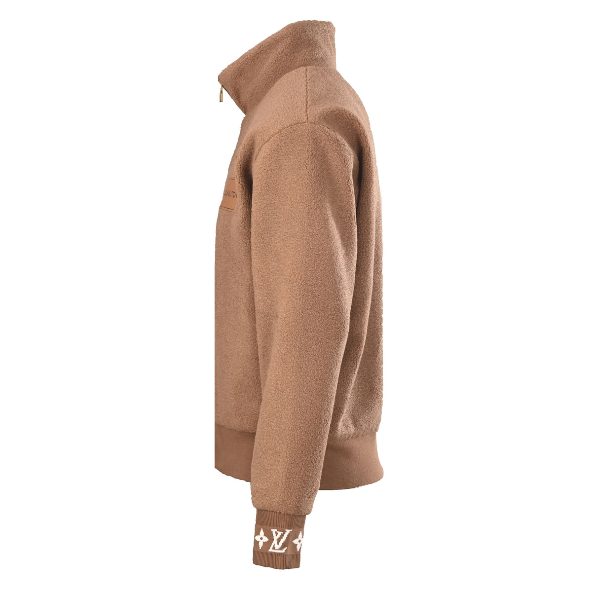 Louis Vuitton Camel Brown Teddy Fleece Jacket with Monogram Jacquard Trim, Full-Zip Stand Collar and Leather Logo Chest Patch