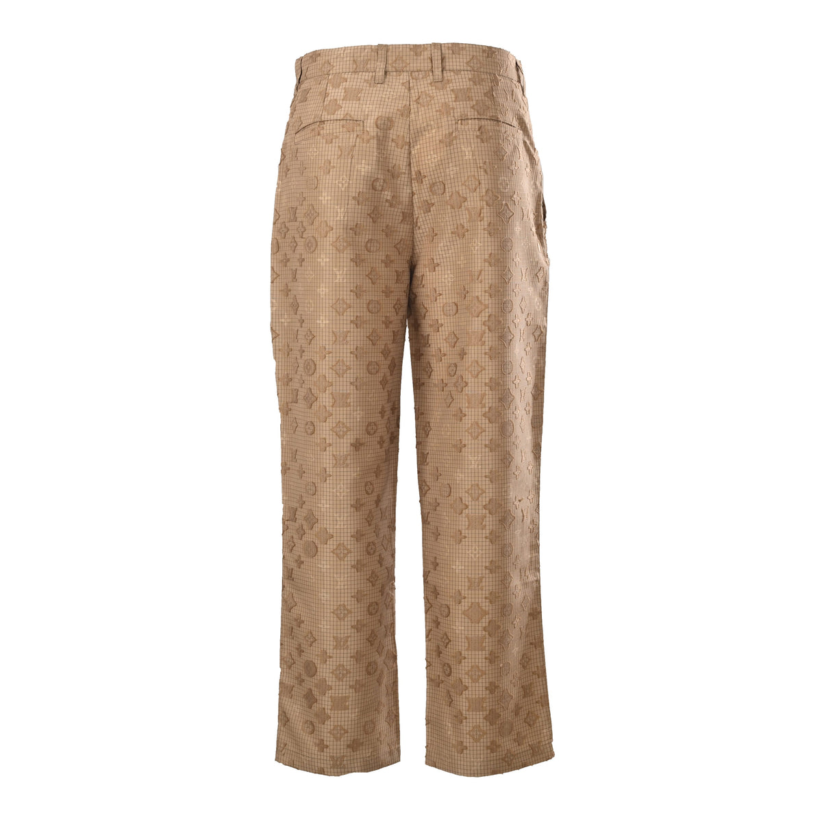 Louis Vuitton Tan Monogram Jacquard Straight-Leg Trousers, Cotton-Nylon Textured Check Pants with Tailored Waistband and All-Over Tonal Pattern