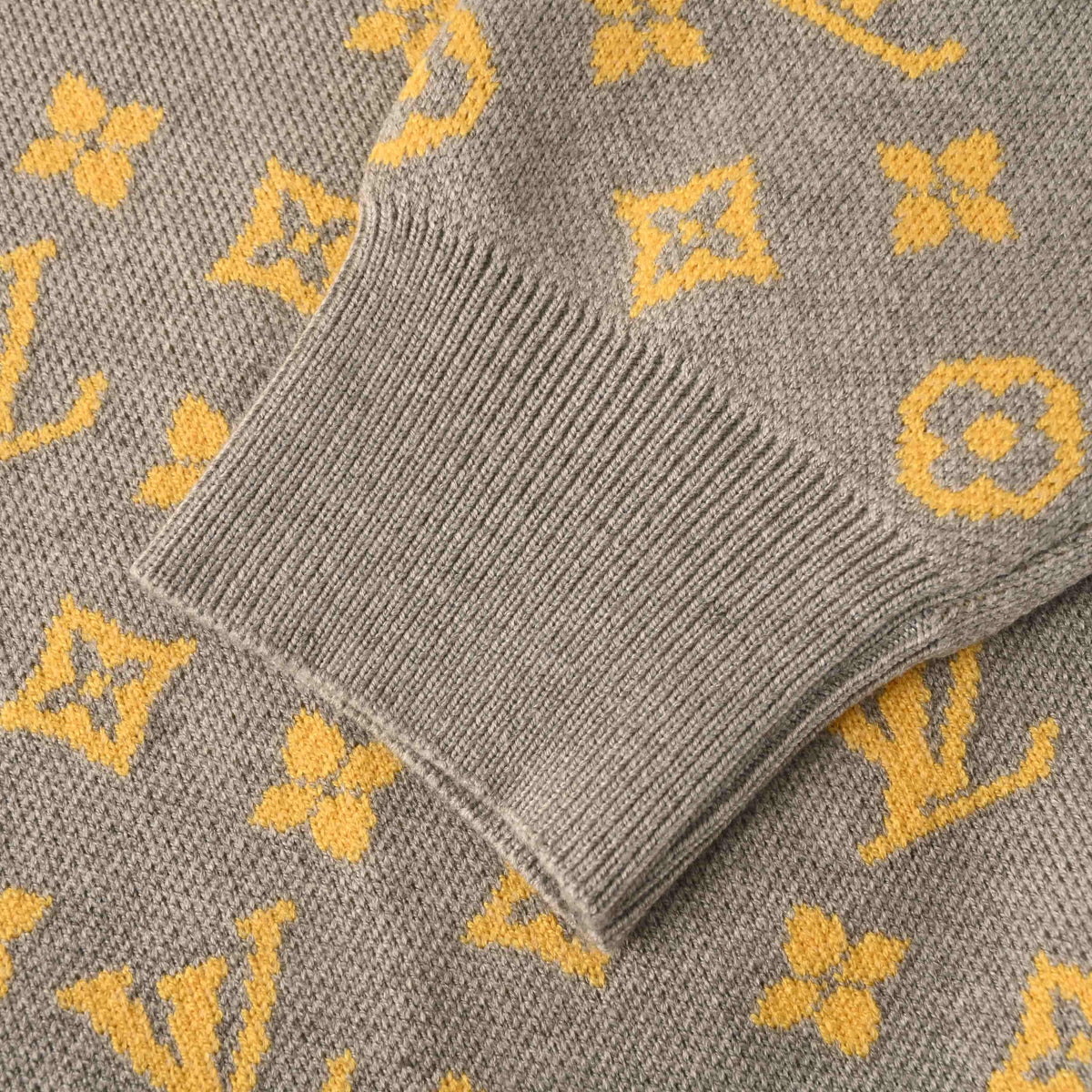 Louis Vuitton Heather Grey and Yellow Monogram Jacquard Cardigan, Relaxed V-Neck Button-Up Knit Sweater with Engraved Metal Buttons and Ribbed Trims