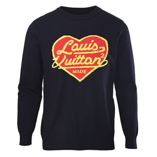 Louis Vuitton Heart Jacquard Crewneck Sweater - Navy Blue Soft Knit Unisex Pullover for Casual Fall Winter Layering
