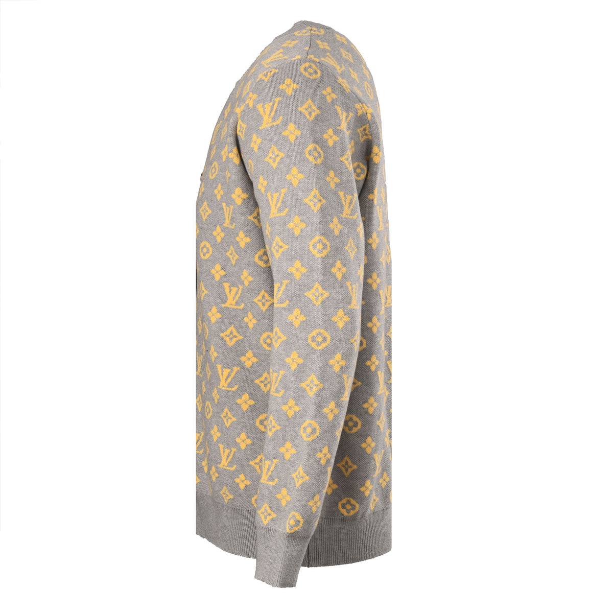 Louis Vuitton Heather Grey and Yellow Monogram Jacquard Cardigan, Relaxed V-Neck Button-Up Knit Sweater with Engraved Metal Buttons and Ribbed Trims