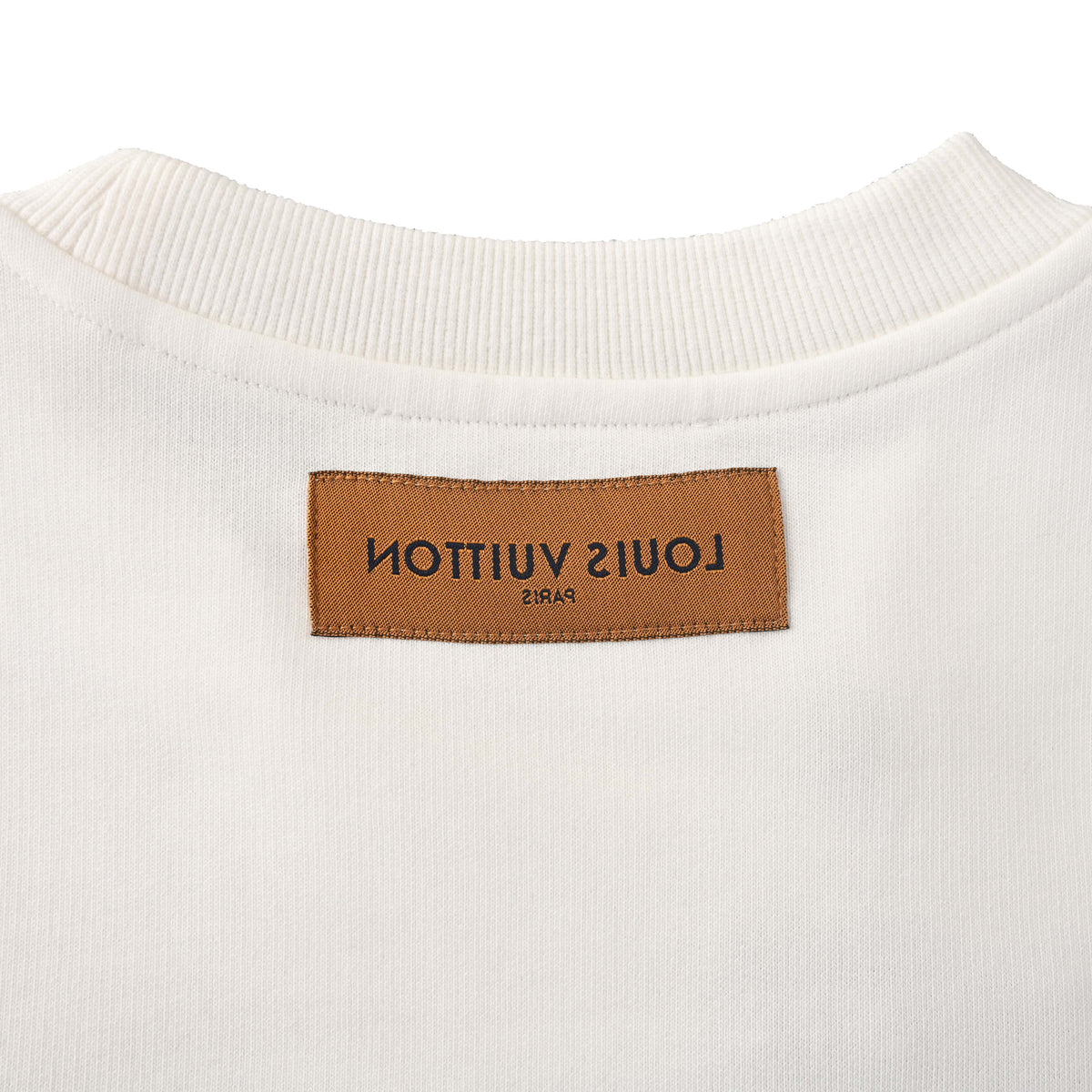 Louis Vuitton White Beaded Emblem Sweatshirt, Unisex Relaxed Cotton French Terry Crewneck with Contrasting Black Chest Design and Embroidered Details