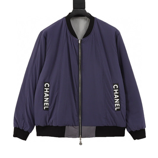 Chanel Reversible Quilted Cotton Jacket with Embroidered Slogan and Vintage-Style Zipper