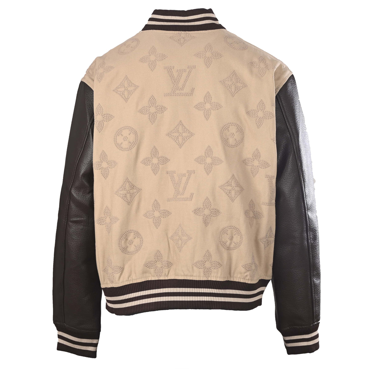 Louis Vuitton Large Monogram Flower Embroidered Varsity Jacket with Leather Sleeves | Designer Baseball Streetwear