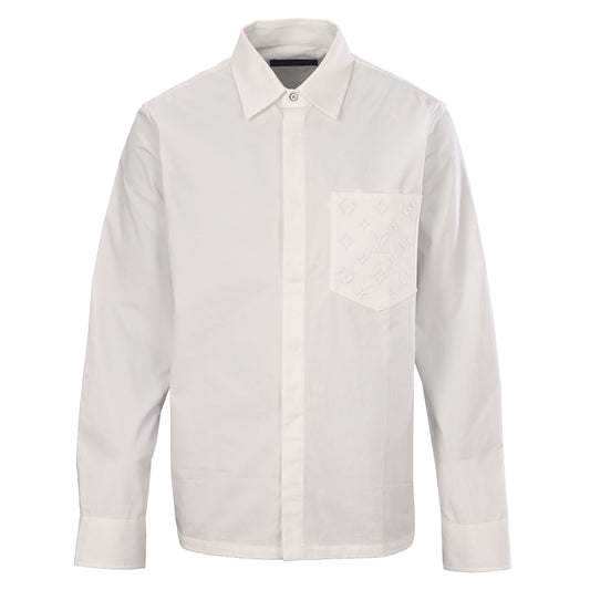 Louis Vuitton White Long Sleeve Shirt with Monogram Embossed Pocket, Minimalist Designer Smart Casual Button-Up
