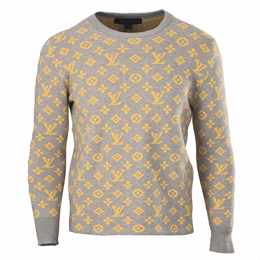Louis Vuitton Yellow and Gray Monogram Wool Crewneck Sweater - Relaxed Jacquard Designer Knit Pullover