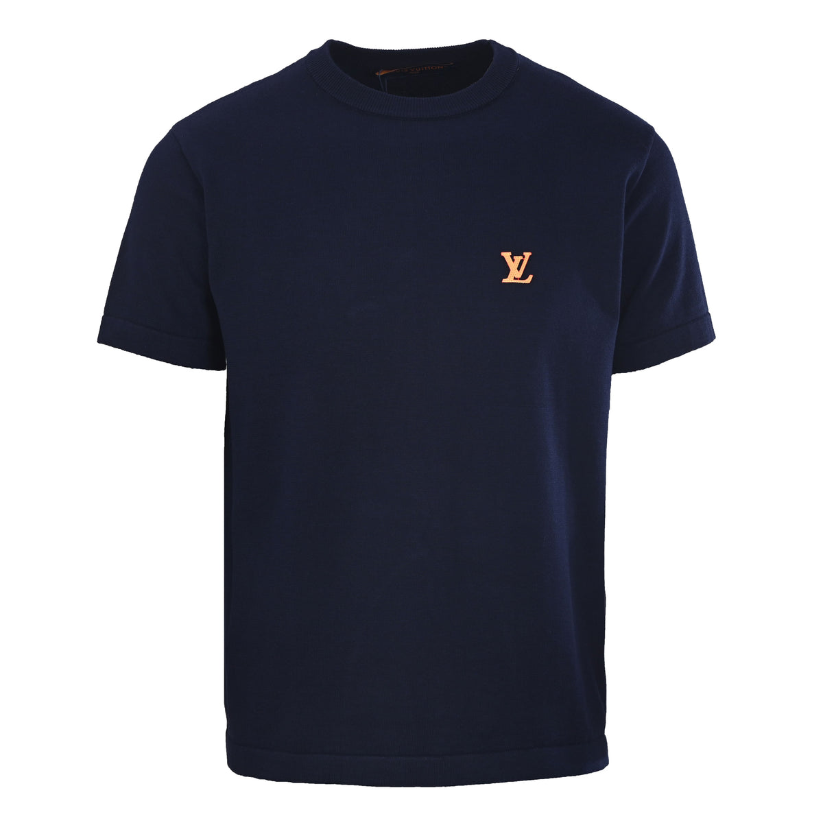 Louis Vuitton Navy Leather Logo Knit T-Shirt | Luxury Casual Crew Neck