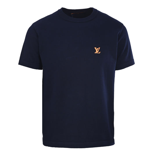 Louis Vuitton Navy Leather Logo Knit T-Shirt | Luxury Casual Crew Neck
