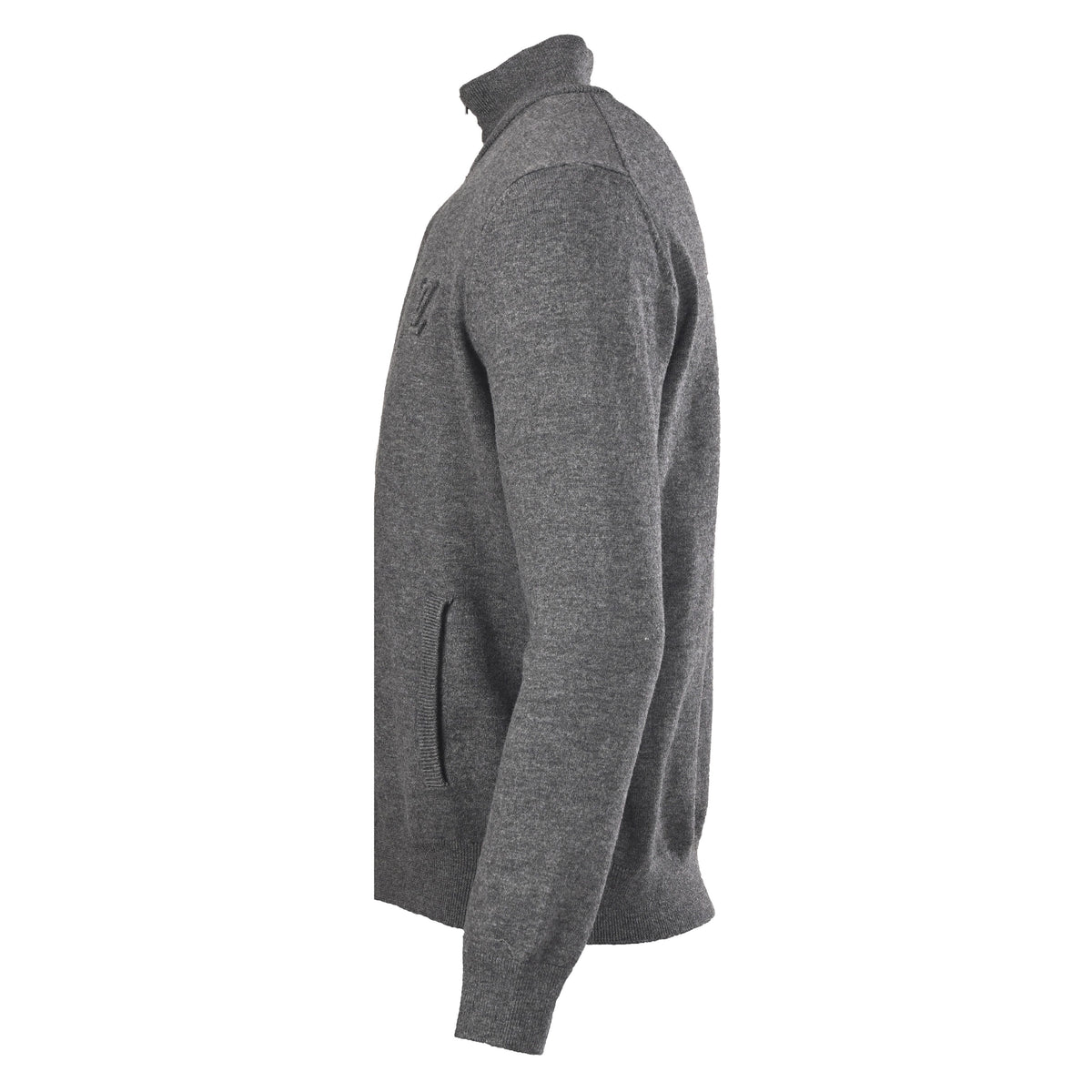 Louis Vuitton Heather Grey Cashmere-Blend Full-Zip Sweater with Tonal Embossed Logo, Stand-Collar Designer Knit Cardigan