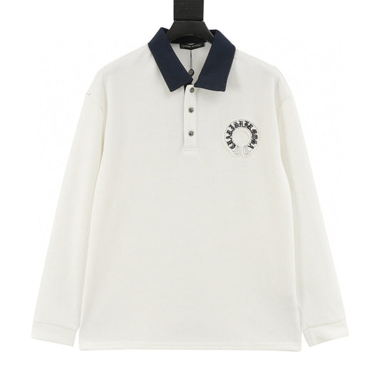 CH Long-Sleeve Polo Shirt with Cross Embroidery and Contrasting Collar