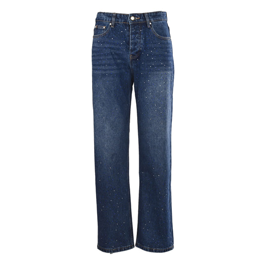 Louis Vuitton Washed Indigo Rhinestone Straight-Leg Jeans, Unisex Vintage-Look Denim Trousers with Scattered Sparkle and Five-Pocket Styling