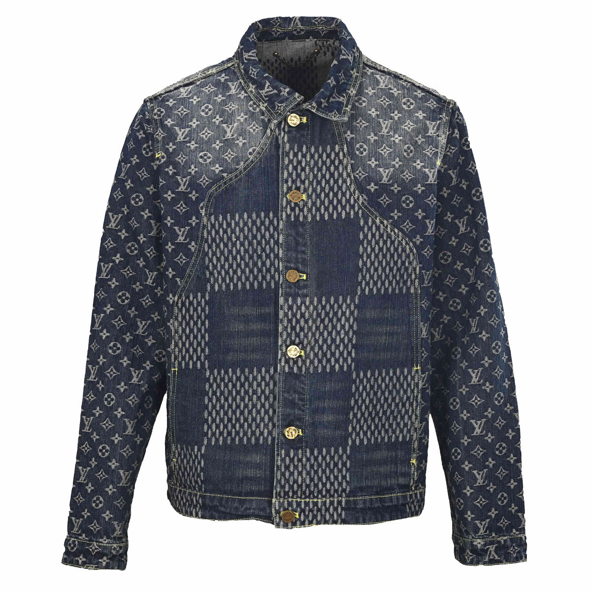 Louis Vuitton Monogram & Checkerboard Patchwork Denim Jacket | Designer Casual Streetwear Layer