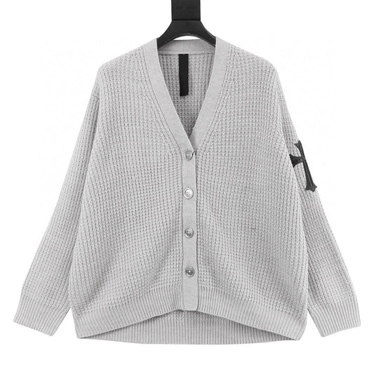CH Cashmere Cardigan with Leather-Trimmed Sleeves and Cross-Waffle Knit