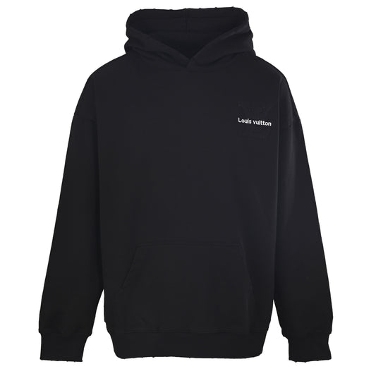 Louis Vuitton Distressed Hoodie with Tatami-Stitch Embroidered Letter Logo | Designer Grunge Streetwear