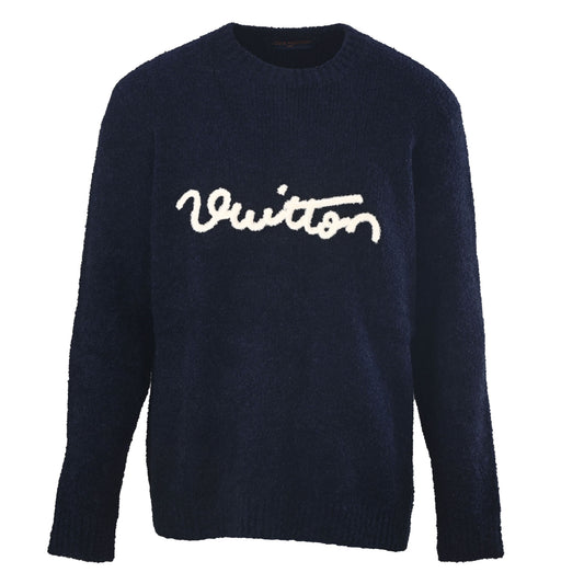 Louis Vuitton Cursive Script Chenille Embroidered Wool Crewneck Sweater | Luxury Knitwear & Designer Streetwear